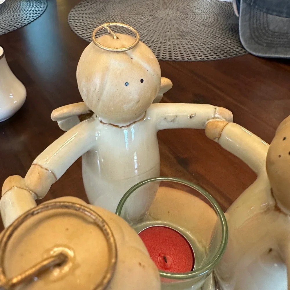 Angel Circle Candle Holder Vintage Tan Ceramic Clay Votive‎ Centerpiece 6.5in